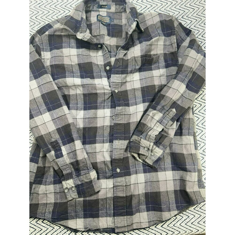 Pendleton Blue & Gray Plaid Flannel Button-Up Shirt Size L